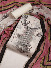 White And Black Embroidered Pure Cotton Unstitched Dress Material