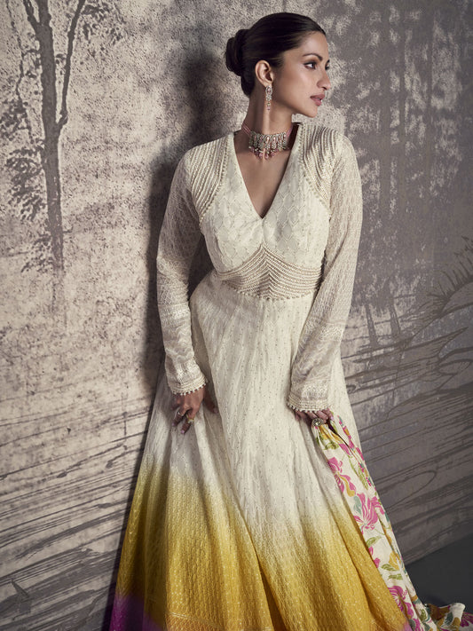 Multicolor Lucknowi Style Wedding Festive Anarkali Gown