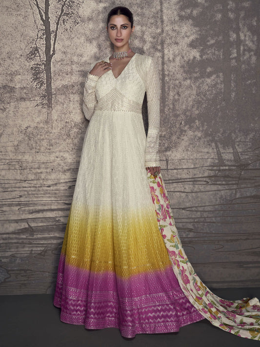 Multicolor Lucknowi Style Wedding Festive Anarkali Gown