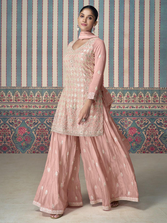 Chinnon Salmon Peach Embroidered Straight Cut Palazzo Suit