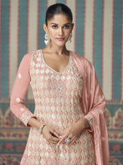 Chinnon Salmon Peach Embroidered Straight Cut Palazzo Suit