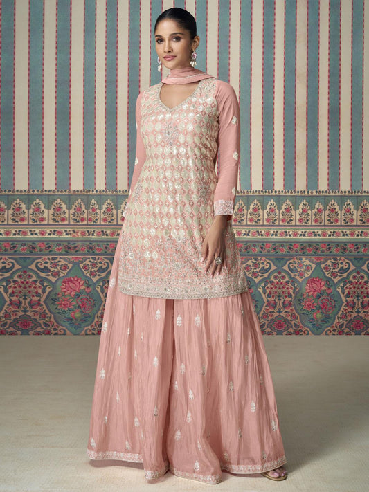 Chinnon Salmon Peach Embroidered Straight Cut Palazzo Suit