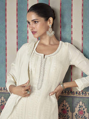 Pearl White Designer Embroidery Chinon Sharara Suit