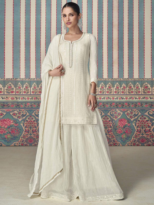 Pearl White Designer Embroidery Chinon Sharara Suit