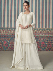 Pearl White Designer Embroidery Chinon Sharara Suit