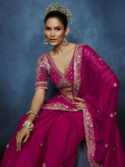 Gulnaar Tissue Silk Saree Fuchsia Pink With Stitched Blouse