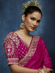 Gulnaar Tissue Silk Saree Fuchsia Pink With Stitched Blouse