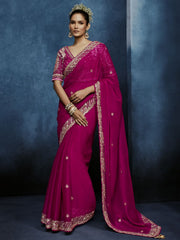 Gulnaar Tissue Silk Saree Fuchsia Pink With Stitched Blouse