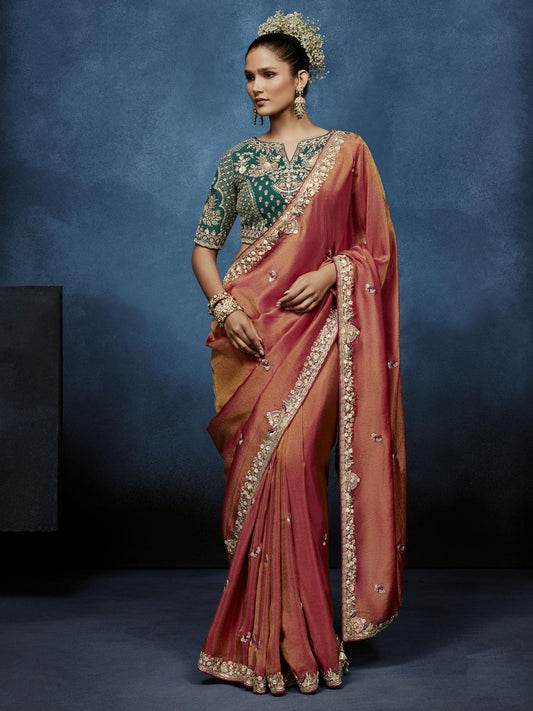 Kesariya Gadwal Tissue Saree Orange Rose With Stitched Blouse