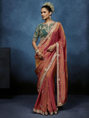 Kesariya Gadwal Tissue Saree Orange Rose With Stitched Blouse