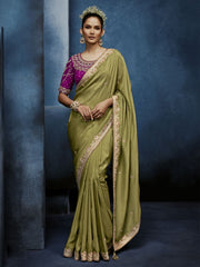 Haritangi Gadwal Tissue Saree Olive Green With Stitched Blouse