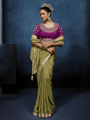 Haritangi Gadwal Tissue Saree Olive Green With Stitched Blouse