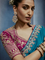 Turquoise Blue Handwork Embroidery Tissue Silk Saree