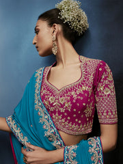 Turquoise Blue Handwork Embroidery Tissue Silk Saree