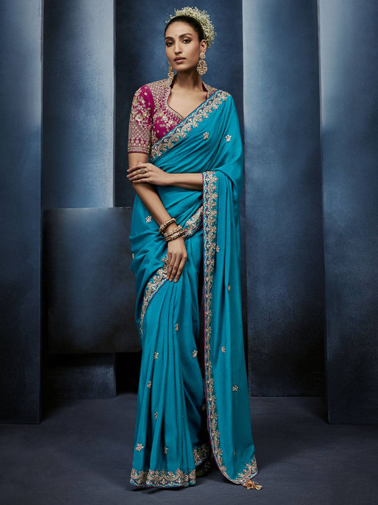 Turquoise Blue Handwork Embroidery Tissue Silk Saree