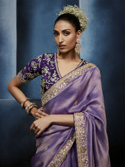 Lavender Handwork Embroidery Tissue Silk Saree