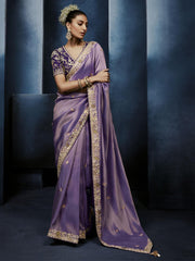 Lavender Handwork Embroidery Tissue Silk Saree