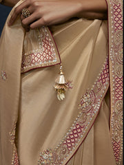 Beige Gold Handwork Embroidery Tissue Silk Saree