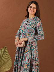 Green Paisley Printed Empire Gotta Patti Kurta With Palazzo