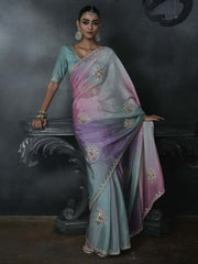 Zoya Satin Silk Saree Blue Pink Multi-Tonal