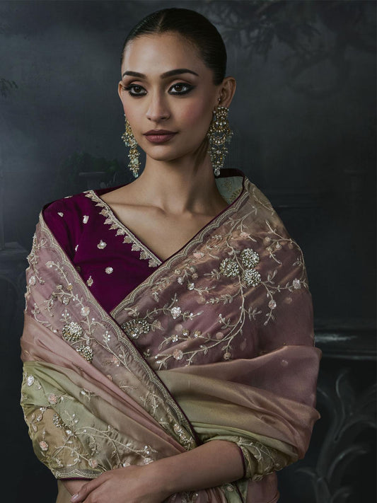 Nyra Tissue Silk Saree Pink Green Multi-Tonal