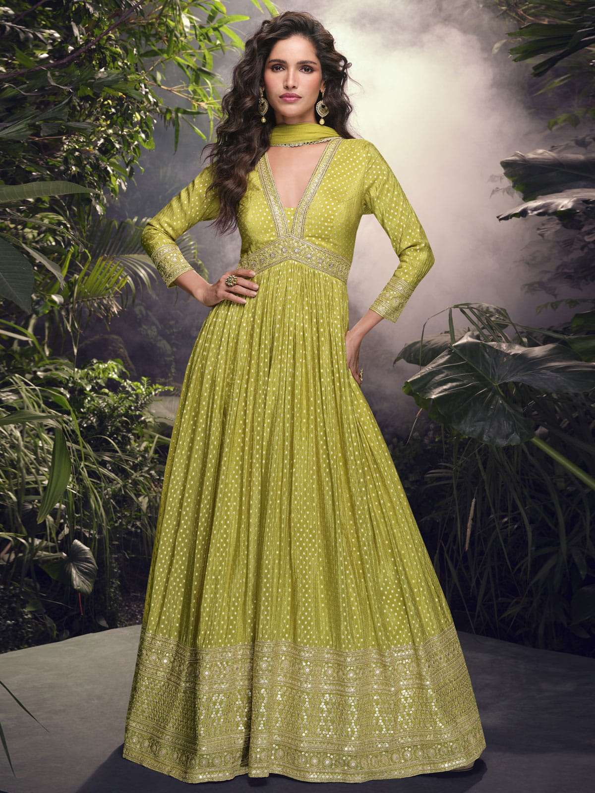 Long Traditional Anarkali Dress Lime Green Traditional Silk Anarkali