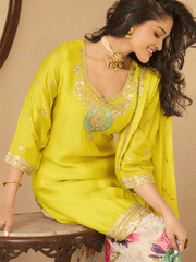 Yellow Chinon Silk Embroidered Palazzo Suit Festive Wear