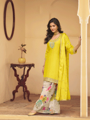 Yellow Chinon Silk Embroidered Palazzo Suit Festive Wear