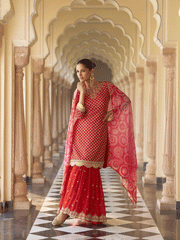 Red Premium Chinnon Silk Festive Wear Gharara Suit