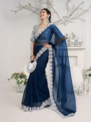 Amyra Dastur Navy Blue Embroidered Woven Design Organza Saree