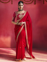 Rosette Heavy Silk Handcrafted Saree in Red