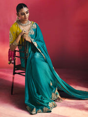 Peehu Soft Silk Embellished Border Saree In Turquoise Green
