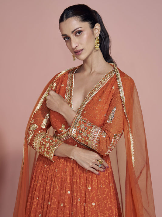Premium Embroidered Orange Festive Anarkali Gown
