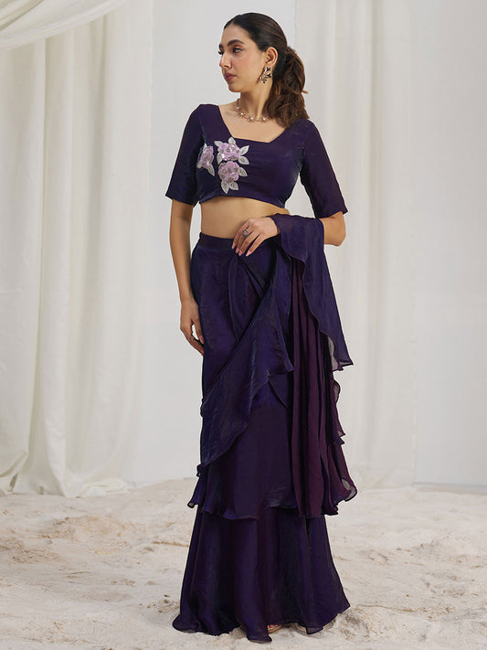 Glamorous Wine Ruffle Organza Pre-Stitched Saree With Hand Work Blouse