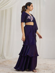 Glamorous Wine Ruffle Organza Pre-Stitched Saree With Hand Work Blouse