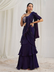 Glamorous Wine Ruffle Organza Pre-Stitched Saree With Hand Work Blouse