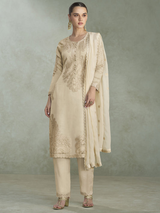 Cream Chinon Pant Style Suit with Embroidered Work