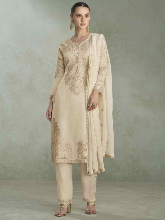 Cream Chinon Pant Style Suit with Embroidered Work