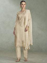 Cream Chinon Pant Style Suit with Embroidered Work