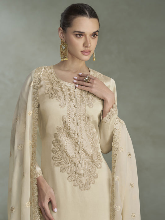 Cream Chinon Pant Style Suit with Embroidered Work