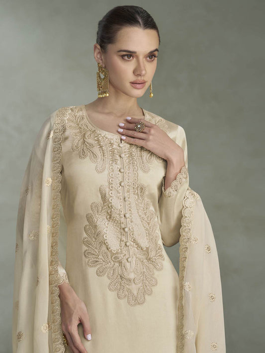 Cream Chinon Pant Style Suit with Embroidered Work