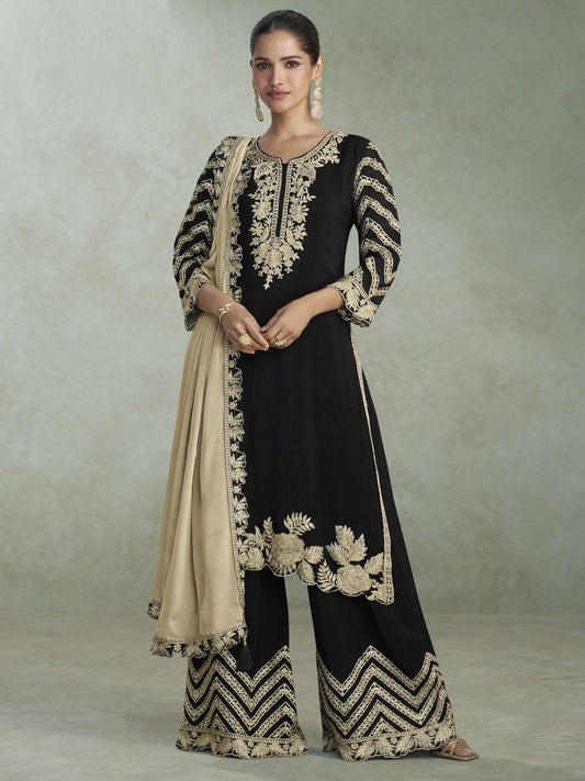 Black Chiffon Palazzo Suit With Gold Embroidery