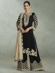 Black Chiffon Palazzo Suit With Gold Embroidery