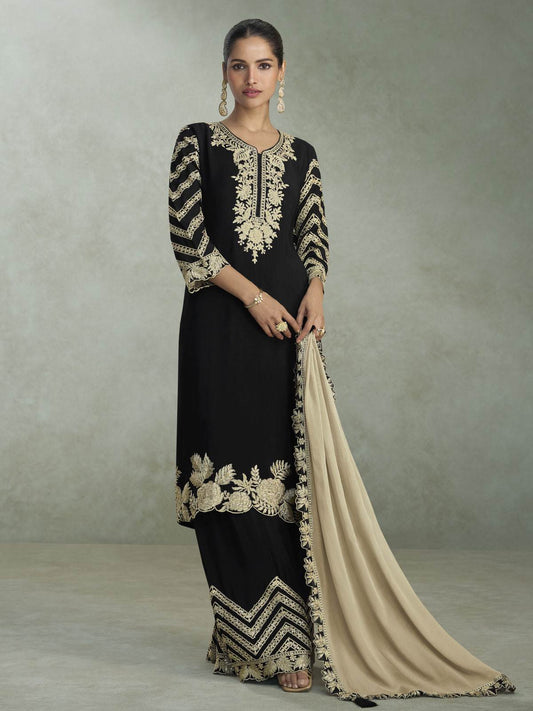 Black Chiffon Palazzo Suit With Gold Embroidery