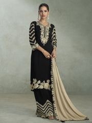 Black Chiffon Palazzo Suit With Gold Embroidery