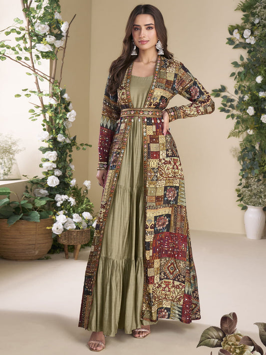 Designer Golden Beige Georgette Anarkali Gown with Multicolor Long Shrug