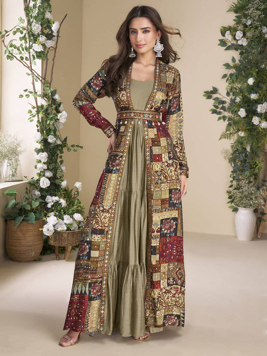 Designer Golden Beige Georgette Anarkali Gown with Multicolor Long Shrug