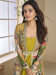 Designer Yellow Georgette Anarkali Gown with Multicolor Long Shrug