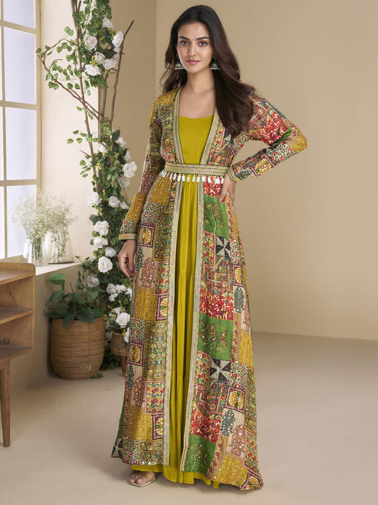 Designer Yellow Georgette Anarkali Gown with Multicolor Long Shrug