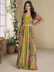 Designer Yellow Georgette Anarkali Gown with Multicolor Long Shrug